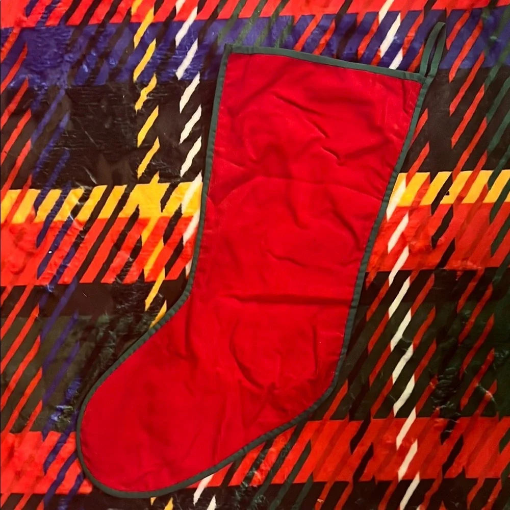 VTG Red Holiday Stocking with Felt Angel, Christmas Tree, Snowman & More